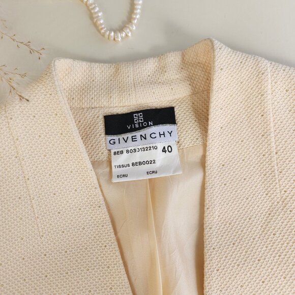 Vintage Givenchy collarless deep V neck blazer neutral cream, tailored jacket - Picture 14 of 16